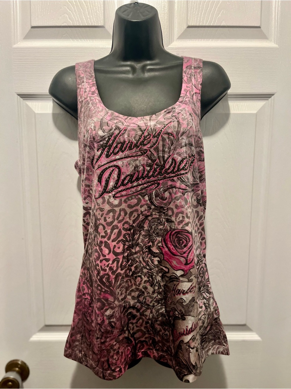 Y2K Harley Davidson Pink Leopard Print Tank Top Rose Tattoo Small Biker Graphic